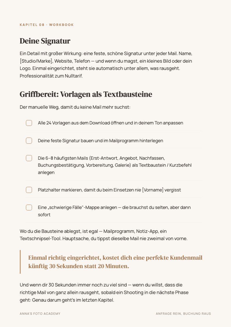 Beispielseite: Workbook — Vorlagen als Textbausteine ablegen