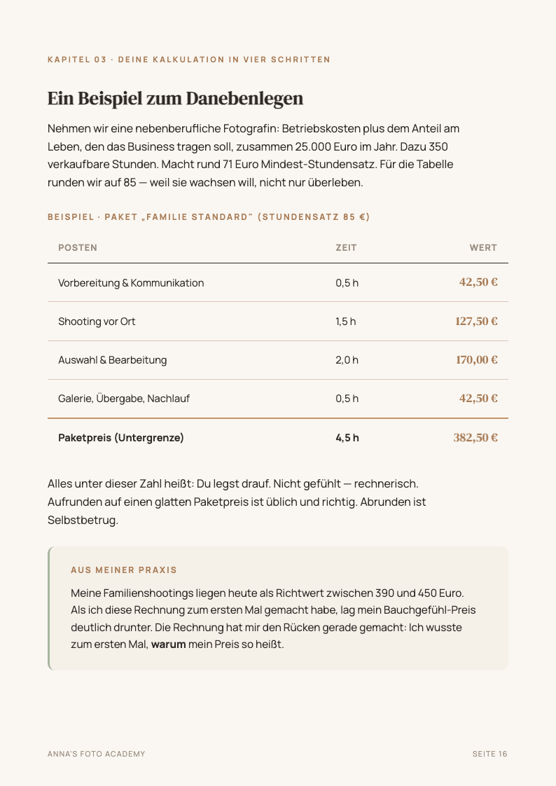Beispielseite: Kalkulationstabelle Familienshooting