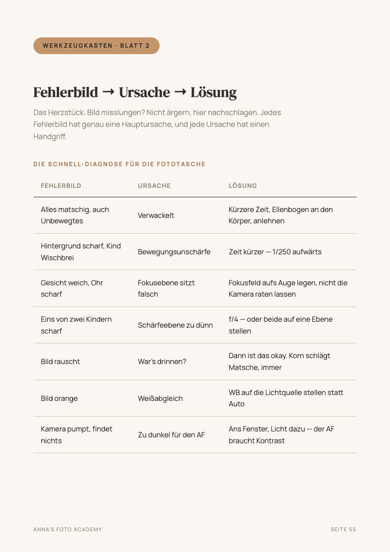 Beispielseite: Fehlerbild-Tabelle — Ursache und Lösung